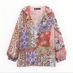 Zara jacquard printed ruffle blouse